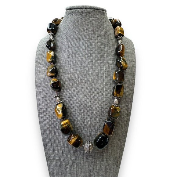 Heavy Sterling Silver Chunky Tigers Eye Necklace Hook Clasp 20” - Picture 1 of 8